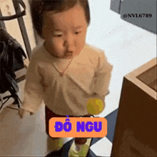 a baby is standing in a room with a yellow ball and a sign that says do ngu .