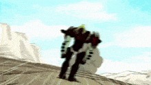 a robot is standing on top of a dirt hill .