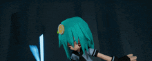 a girl with green hair and a slice of lemon on her head is dancing