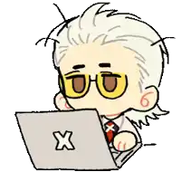 a cartoon of a man wearing glasses using a laptop computer .