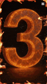 the number 3 is surrounded by flames on a black background with the letter m in the corner