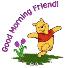 a cartoon of winnie the pooh dancing in a field with purple flowers and the words `` good morning friend '' .