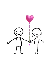a drawing of a man and a woman holding hands and a pink heart balloon
