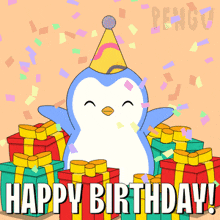a birthday card with a penguin wearing a party hat surrounded by presents and confetti