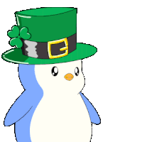 a penguin is holding a green hat with shamrocks and stars coming out of it