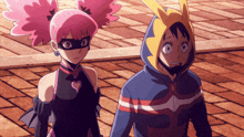 a boy and a girl are standing next to each other on a sidewalk