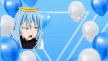 a girl with blue hair and a crown on her head is surrounded by balloons