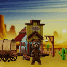 a teddy bear is standing in front of a building that says ' amarillo ' on it
