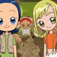 two cartoon girls are standing next to each other and a doll is behind them .