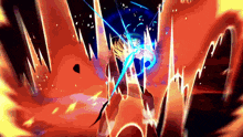 a cartoon character with a sword is surrounded by fire and a blue light