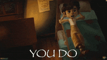 a cartoon of a boy looking out of a window with the words right below him