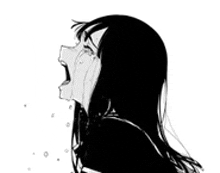 a black and white drawing of a girl crying with her mouth wide open .