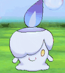 a cartoon character is standing in a field with a purple bottle on its head