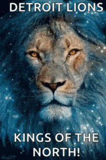 a poster for the detroit lions shows a lion with a blue mane