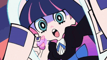 a cartoon character with a purple and pink hair and blue eyes