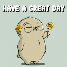 a cartoon character holding a flower with the words " have a great day " above him