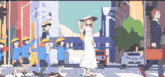a woman in a white dress is walking across a street with a group of children