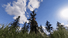 a man in a military uniform stands in a field surrounded by trees