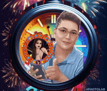 a picture of a man giving a thumbs up in front of a clock that says forever family