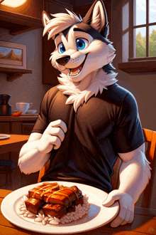 a cartoon husky is sitting at a table with a plate of food
