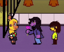 a pixel art of a girl giving a flower to a man