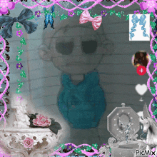 a picture of a boy in a blue shirt is surrounded by pink and purple ribbons and flowers with a picmix watermark