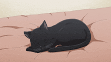 a black cat laying on a bed with its mouth wide open