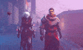 a man and a woman are walking down a street in a video game with a purple sky in the background