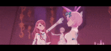 a couple of anime girls are standing next to each other in a dark room .