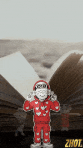 a cartoon character wearing headphones and a red hoodie with hearts on it
