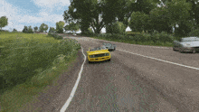 a yellow car is driving down a road with a license plate that says ' aec ' on it