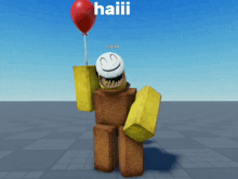 a cartoon character is holding a red balloon and says haiii on the bottom