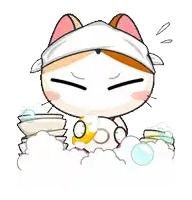 a cartoon cat with a towel around its head washing dishes