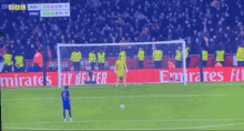 a soccer goalie stands in front of a emirates fly banner