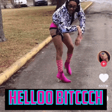 a picture of a woman standing on the side of the road with the words helloo bitccch written above her