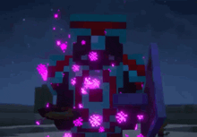 a minecraft character is holding a shield and surrounded by pink glowing flowers .