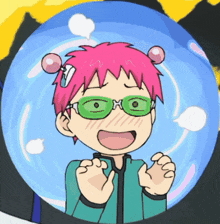 a boy with pink hair and green glasses is in a blue bubble