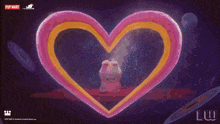 a pink stuffed animal is sitting on a red carpet with a pop mart logo in the corner