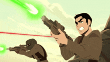 a cartoon character holding a gun with a green light coming out of it