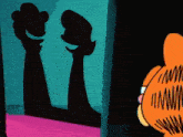 garfield is looking at a shadow of a woman in a mirror