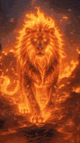 a lion with flames coming out of its fur is walking in the dark