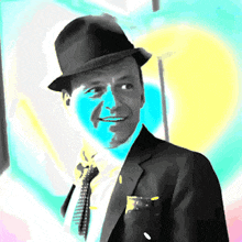 a man in a suit and hat is smiling in a colorful painting