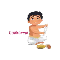 a cartoon illustration of a man with the word upakarma written above him