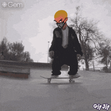 a cartoon of a person riding a skateboard with a gem logo behind him