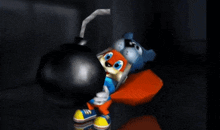 a cartoon character is holding a bomb in a dark room