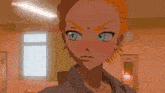 a cartoon character with orange hair and blue eyes is making a funny face