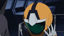 a cartoon character wearing a yellow helmet with a green face