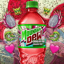 a bottle of mountain dew dragon fruit is surrounded by dragon fruits