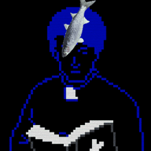 a pixel art drawing of a man holding a fish
