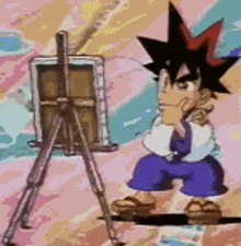 a cartoon character is standing in front of an easel with a picture on it
